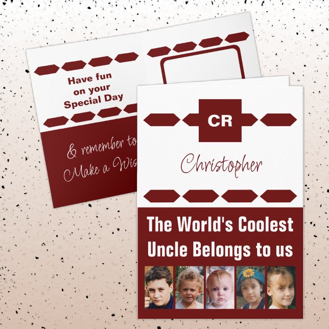 Carte Coolest Uncle 5 photo bordeaux blanc anniversaire (Créateur téléchargé)