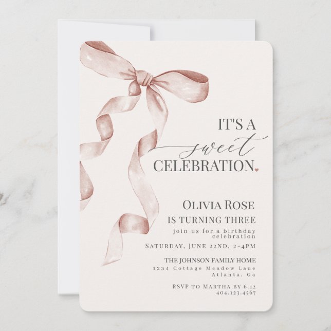 Carte Coquette Beige Bow Girl Anniversaire Fête Invitati (Devant)