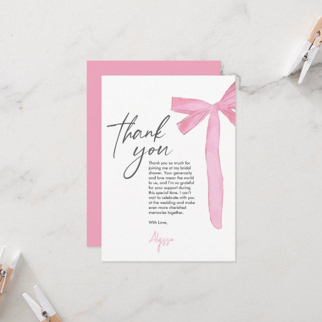 Carte Coquette Pink Bow ribbon Bridal Shower (Devant/Arrière en situation)