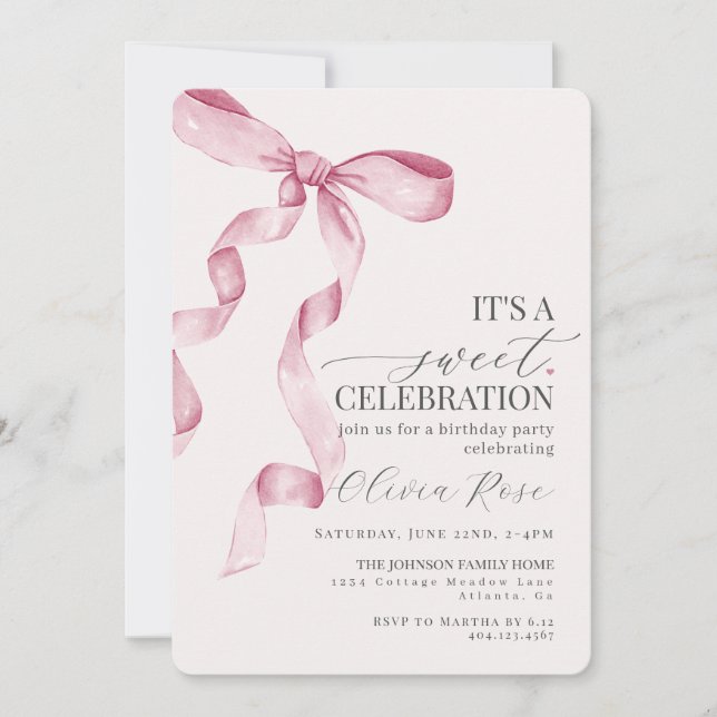 Carte Coquette Rose Bow Girl Anniversaire Fête Invitatio (Devant)