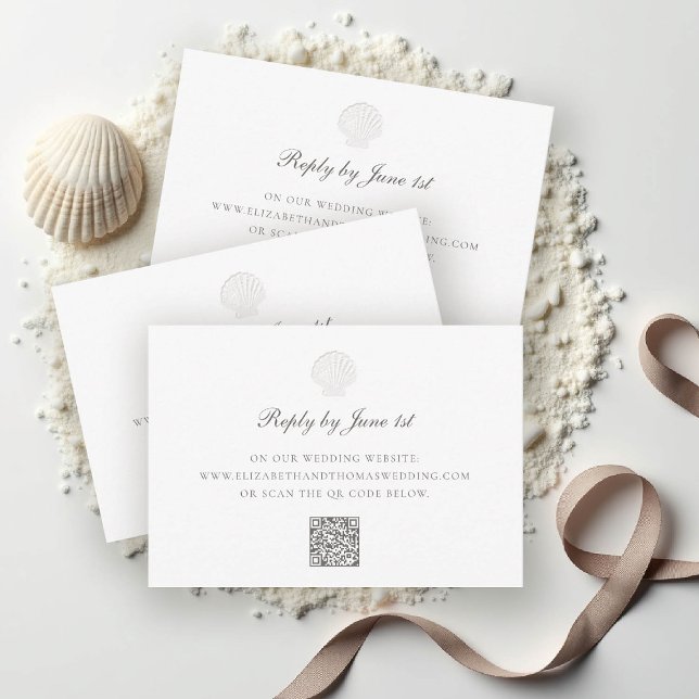Carte Coquille côtière marine QR Pure réponse Mariage (nautical wedding rsvp reply coastal modern classic formal traditional shell white elegant)