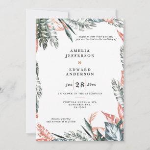 Carte Corail rose et feuille tropicale mariage