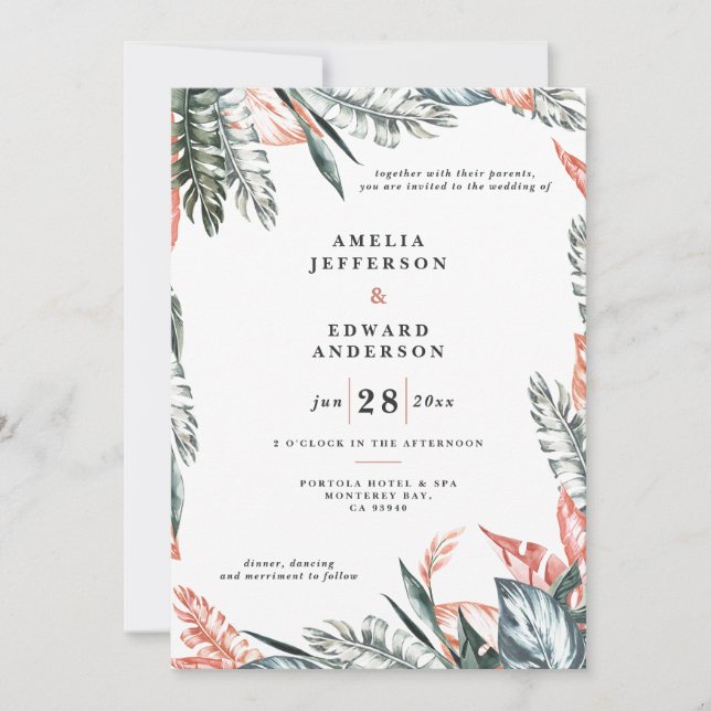 Carte Corail rose et feuille tropicale mariage (Devant)