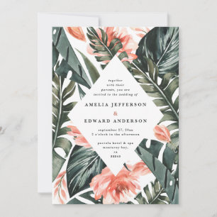 Carte Corail rose et feuille tropicale mariage