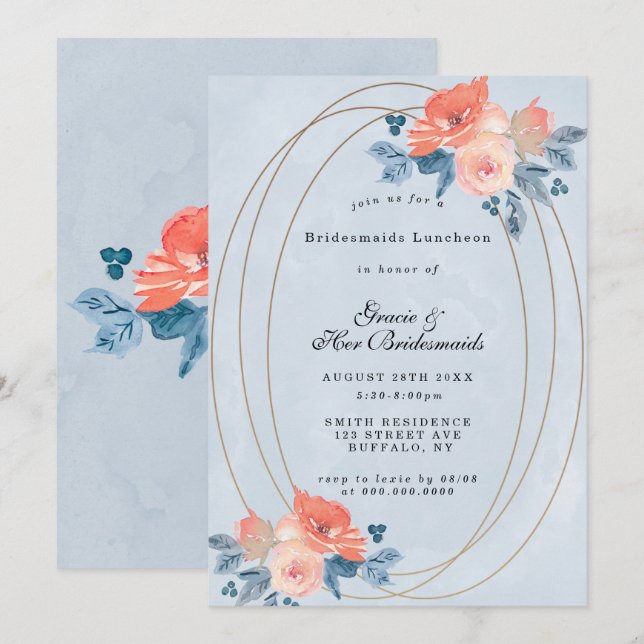 Carte Coral Dusty Blue Gold Bridesmaids Luncheon Invitat (Devant / Derrière)