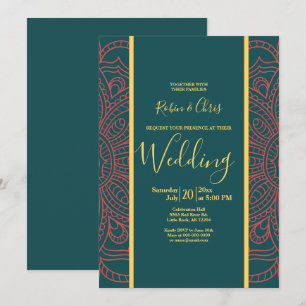 Carte Coral Mandala & Dark Turquoise Mariage élégant