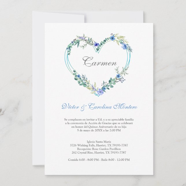 Carte Corazón Floral en Azules para Quinceañera (Devant)