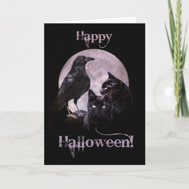 Carte Corbeau gothique cool et Halloween de chat noir (Devant)