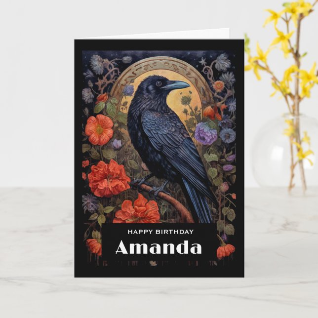 Carte Corbeau noir aux fleurs Design gothique Anniversai (Fleur jaune)