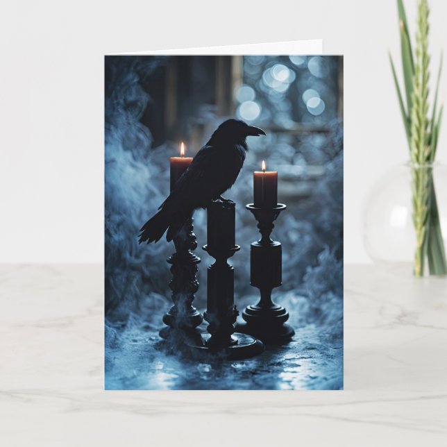 Carte Corbeau Samhain et bougies gothique avec fumée (Devant)