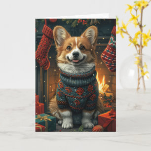Carte Corgi au coin du feu avec des cadeaux de Noël