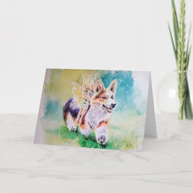 Carte Corgi avec l'aquarelle de fées (Devant)