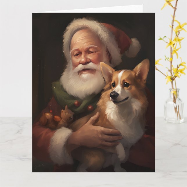 Carte Corgi avec Noël Festif du Père Noël (Fleur jaune)