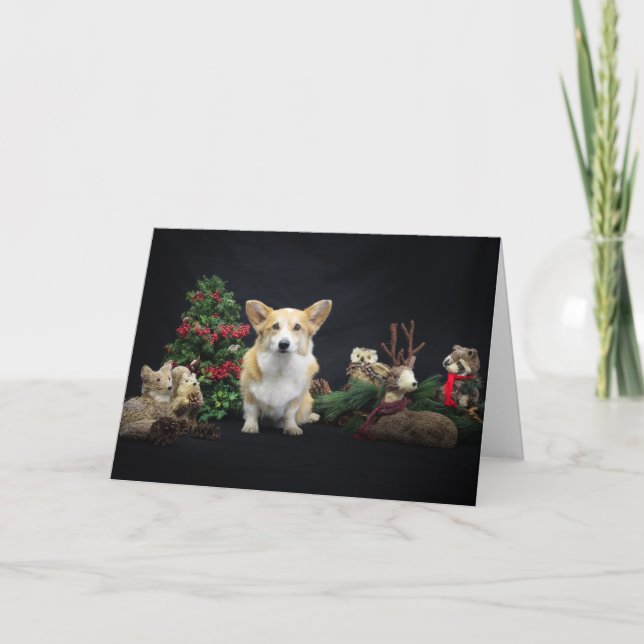 Carte Corgi avec ses amis de la forêt de Noël (Devant)