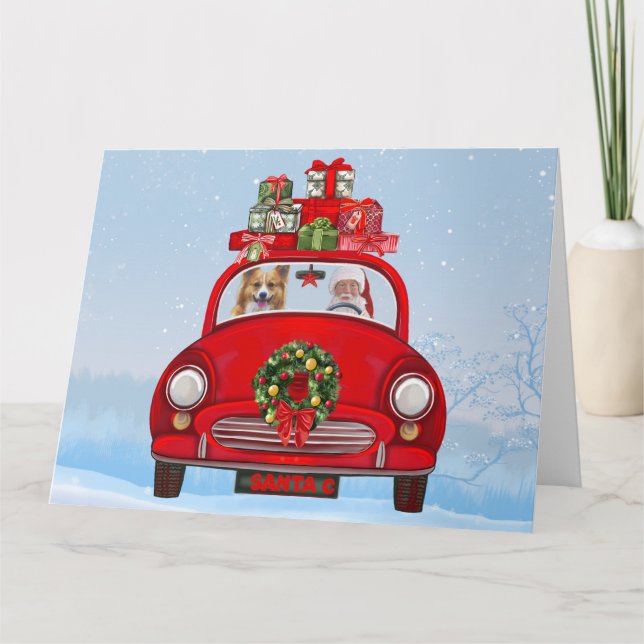 Carte Corgi Chien En Voiture Avec Le Père Noël (Devant)