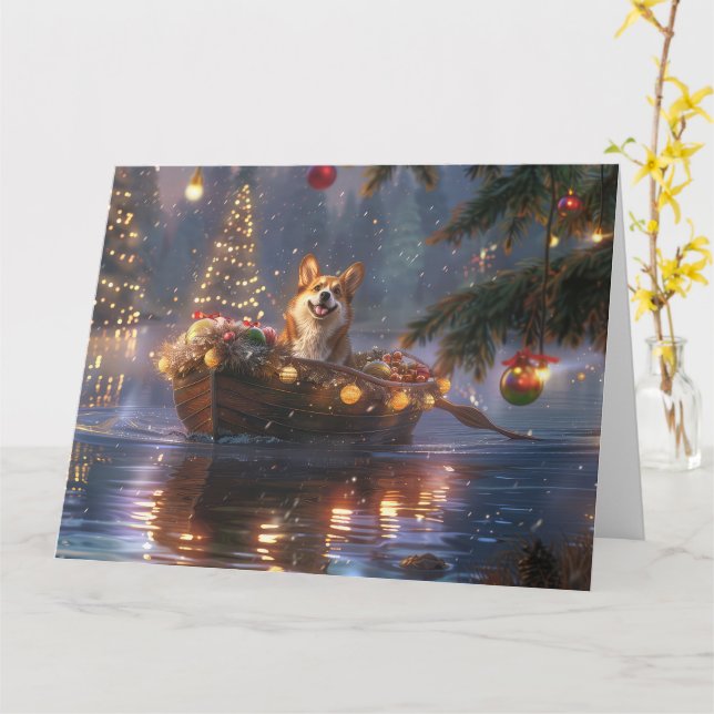 Carte Corgi Christmas Festive Voyage (Fleur jaune)