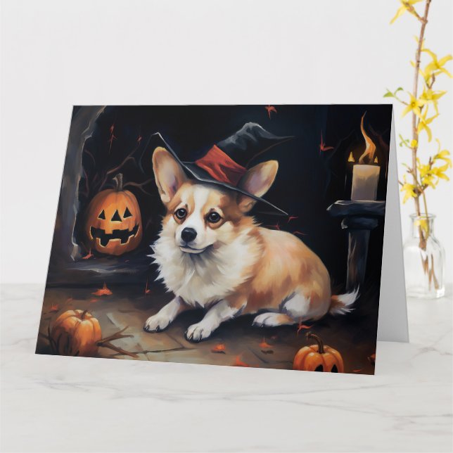 Carte Corgi Citrouille Halloween effroi (Fleur jaune)