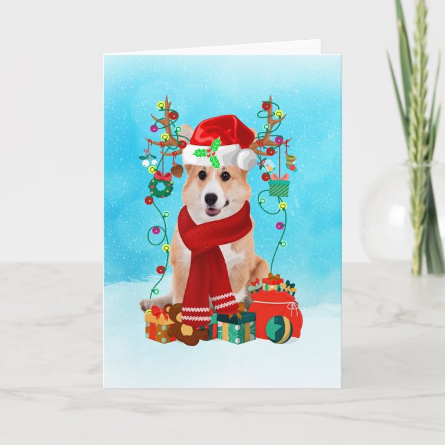 Carte Corgi dans la neige avec cadeaux de Noël (Devant)