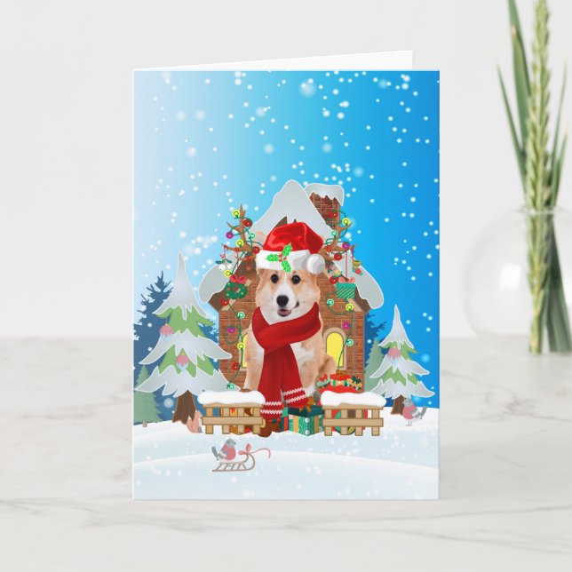 Carte Corgi dans la neige avec des cadeaux de Noël (Devant)
