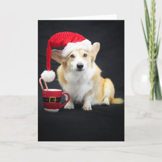 Carte Corgi de Noël en bonnet avec tasse et canne à sucr