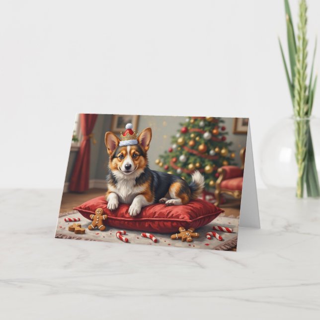 Carte Corgi Dog Christmas Loaf with Santa Crown Art (Devant)