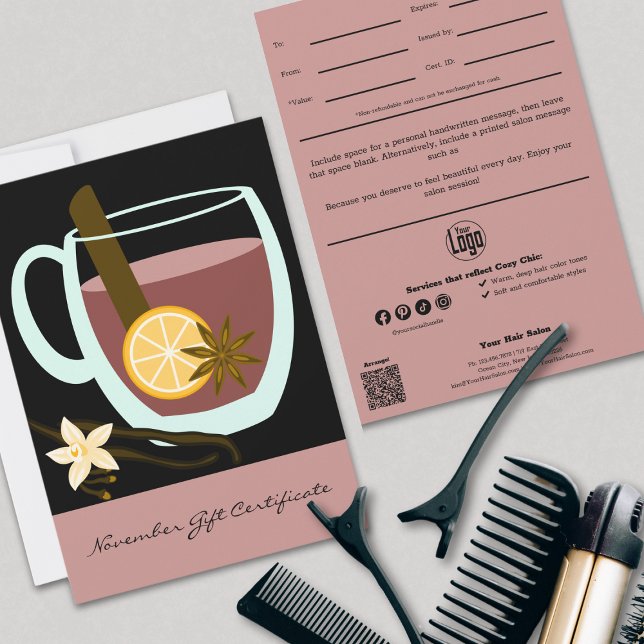 Carte Cosy Chic Rose Noir Novembre Certificat cadeau (Cozy Chic Pink Black November Gift Certificate, Professional Tracking, QR Code, Note)