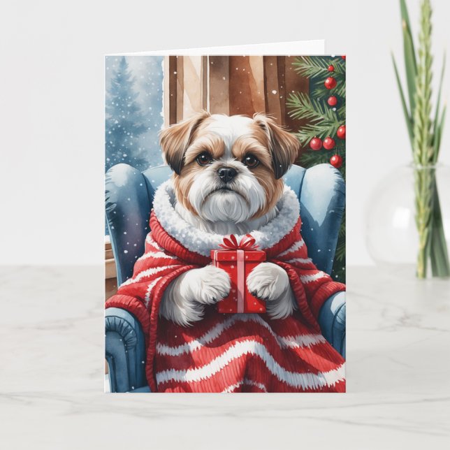 Carte Cosy Shih Tzu avec cadeau d'hiver aquarelle art (Devant)