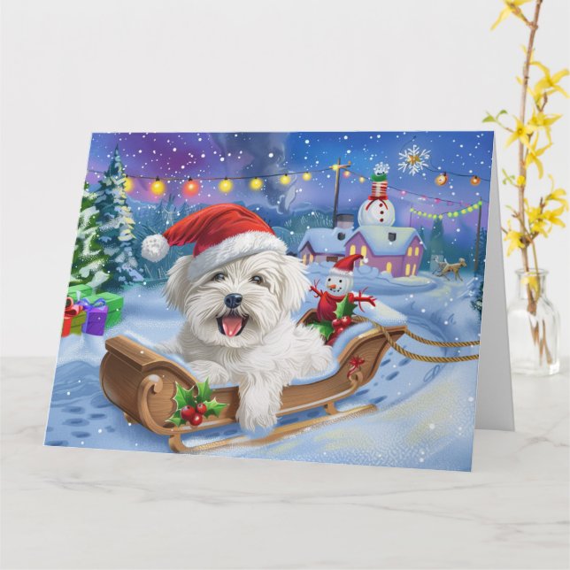 Carte Coton De Tulear Chien dans Sleigh neige Noël (Fleur jaune)