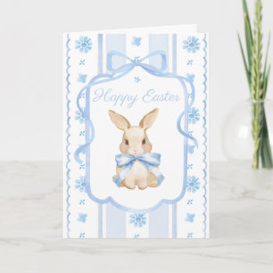 Carte Cottage à l'aquarelle bleue Lapin à ruban de Pâque