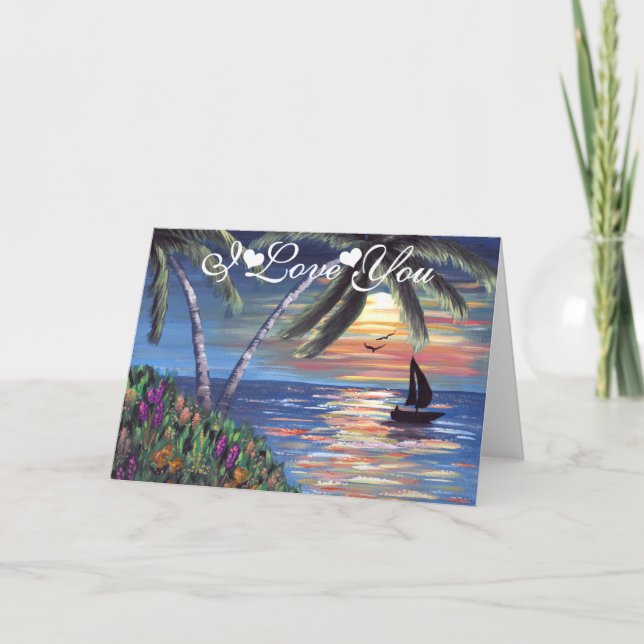 Carte Coucher du soleil de palmiers peignant je t'aime (Devant)
