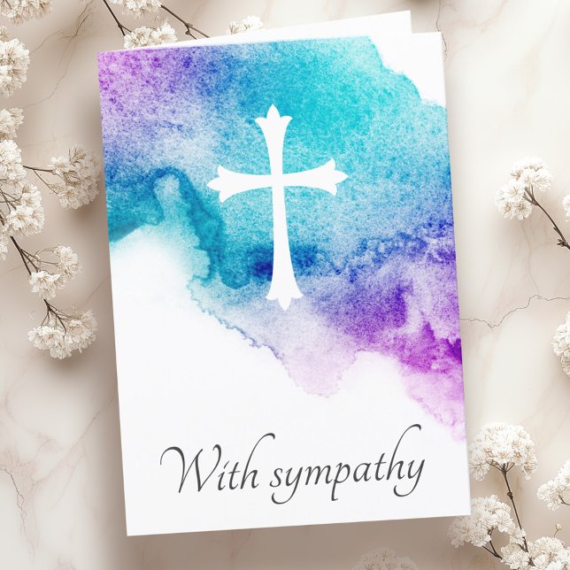 Carte Couleur d'eau bleu violet croisée condolence (Cross purple blue watercolor sympathy condolence card)
