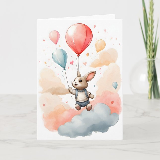 Carte Couleur d'eau mignonne lapin Gros Balloon rouge Vi (Devant)