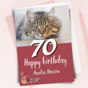 Carte Couleur rouge Rose Chat Photo 70e anniversaire