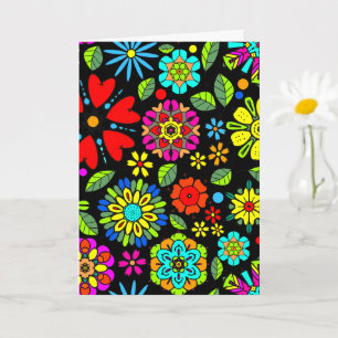 Carte Couleurs Néon Sur Noir Retro Floral Motif sans cou