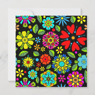 Carte Couleurs Néon Sur Noir Retro Floral Motif sans cou