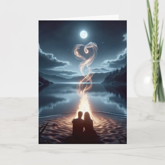 Carte Couple assis près d'un feu de camp avec le coeur f (Devant)