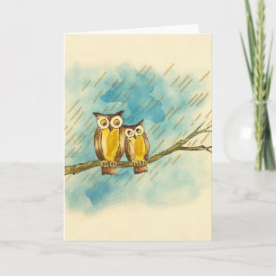 Carte Couple de hiboux amoureux à l'aquarelle vintage