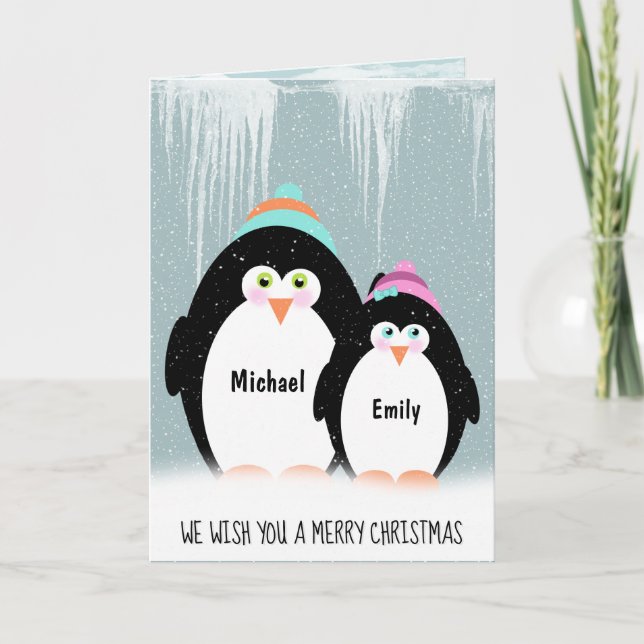 Carte Couple de pingouin de Noël dans les flocons de nei (Devant)