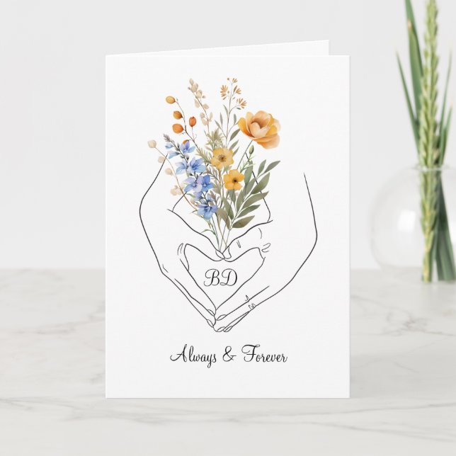 Carte Couple Mains en Forme de Cœur Art en Ligne Floral (Devant)