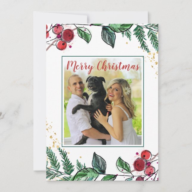 Carte Couple marié avec chien photo Floral Noël (Devant)
