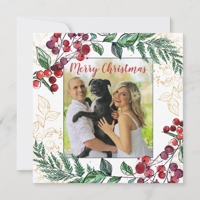 Carte Couple marié avec chien photo Floral Noël (Devant)