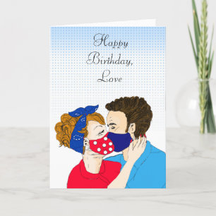 Carte Couple rétro baiser avec des facémasques à l'anniv