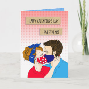 Carte Couple rétro baiser avec facemask Valentines Day