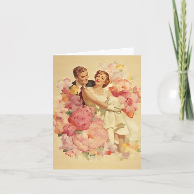 Carte Couple romantique vintage et fleurs (Devant)