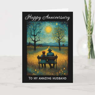 Carte Couple vintage Assis Sous La Lune Anniversaire