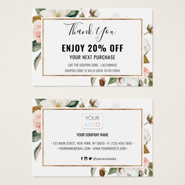 Carte Coupon blanc Blush Magnolia Floral (Devant & derrière)