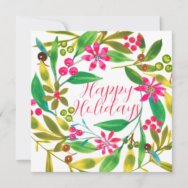 Carte Couronne aquarelle de poinsettia Fêtes Vibrante (Devant)