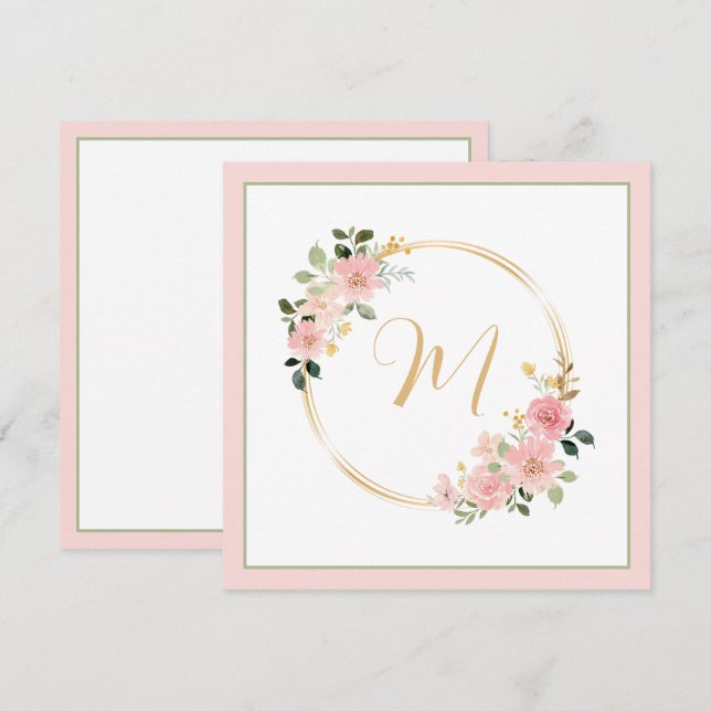 Carte Couronne de monogramme floral aquarelle rose et ve (Devant / Derrière)