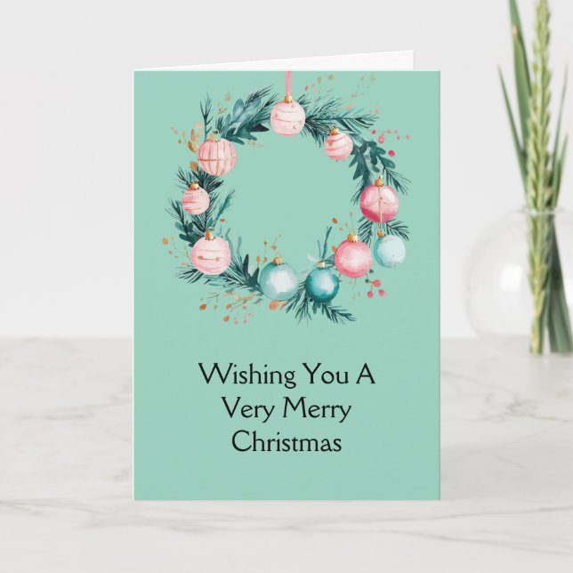 Carte Couronne de Noël Ornements Rose Menthe (Devant)