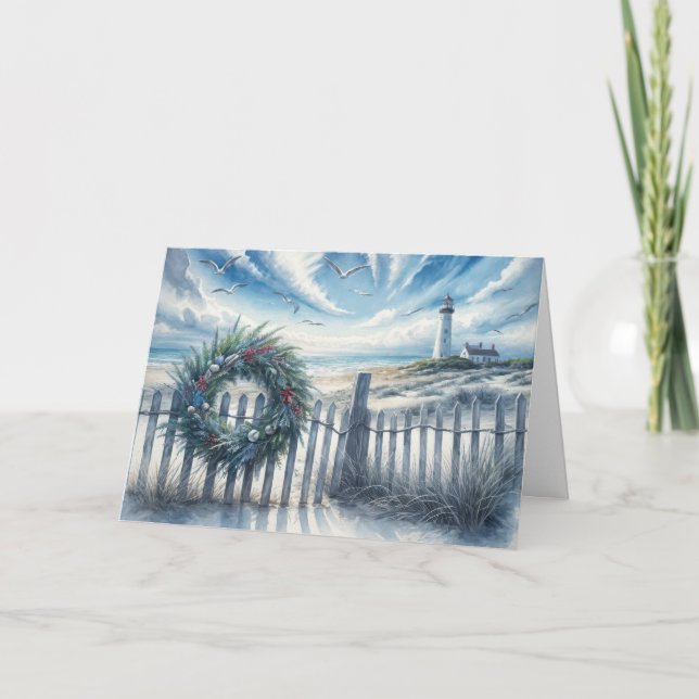 Carte Couronne de Noël sur une clôture de plage (Devant)